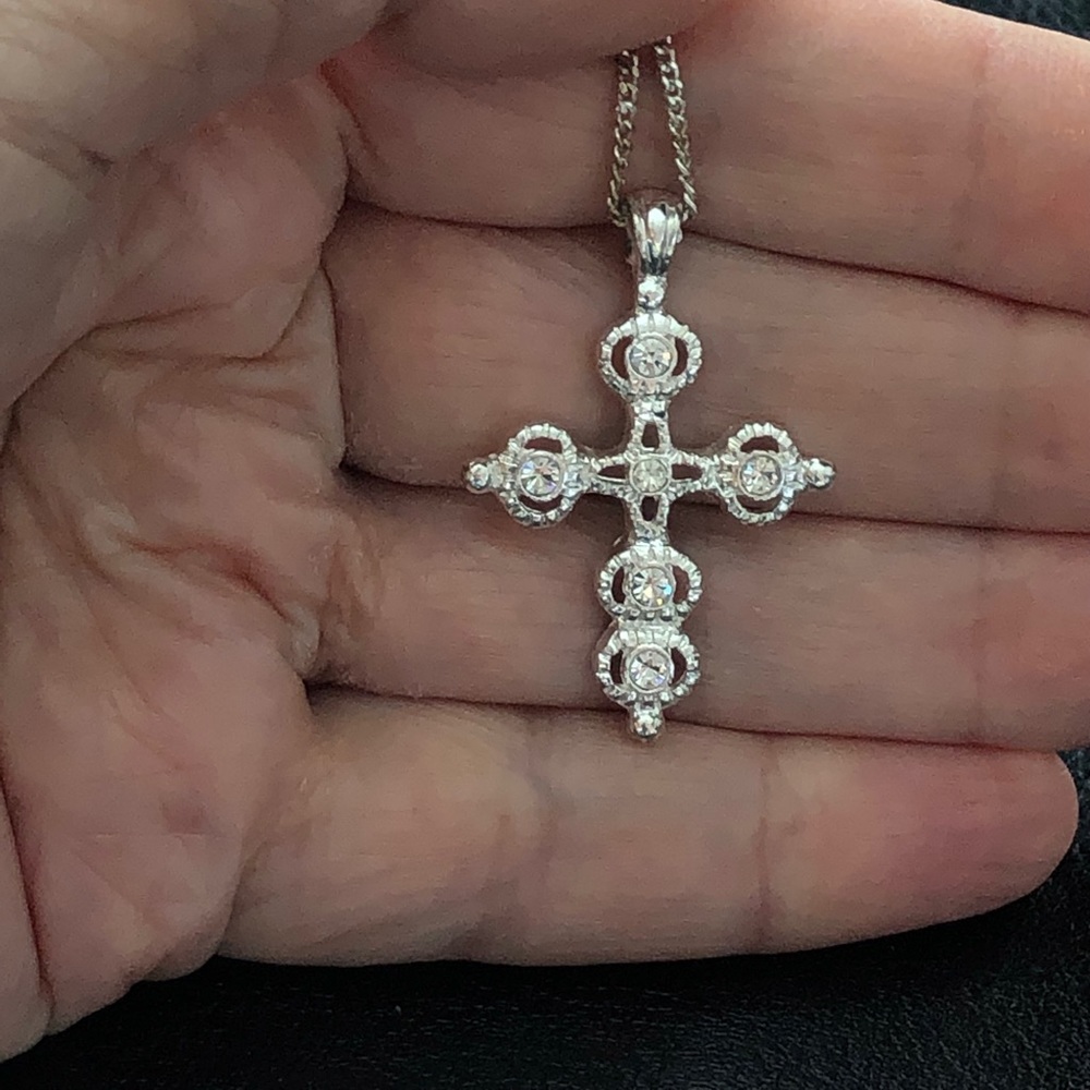 Vintage Avon Silver Tone Crystal Cross Pendant
